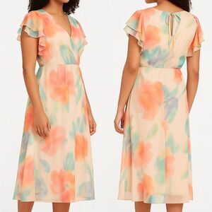 Taylor Floral Print VNeck Ruffle Cap Sleeve Keyhole Back Midi Dress  • size 6